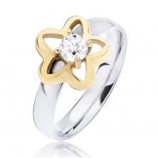 Inel din oțel, contur auriu de floare cu zirconiu rotund, transparent