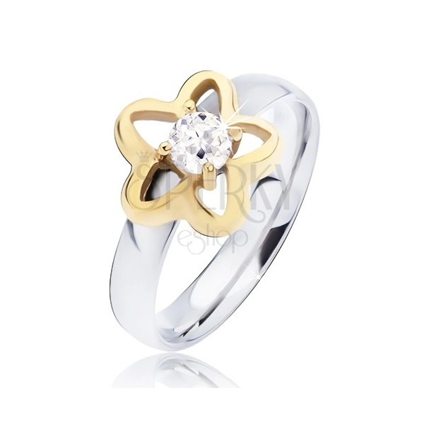 Inel din oțel, contur auriu de floare cu zirconiu rotund, transparent