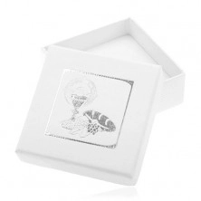 Cutiuță albă de cadou cu imagine argintie pentru Prima Împărtășanie
