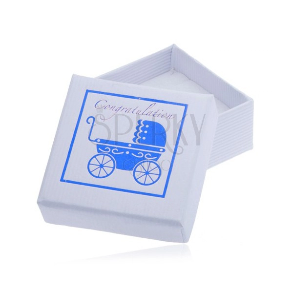 Cutiuță albă de cadou pentru bijuterii - cărucior albastru pentru copil