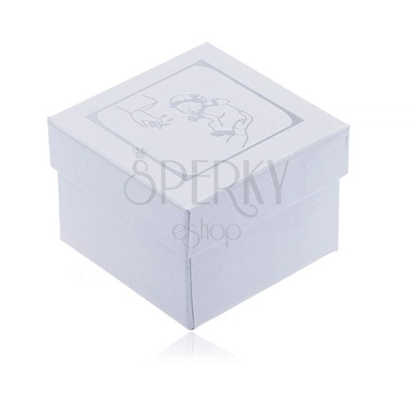 Cutiuță de cadou albă sidefată pentru cercei - motiv argintiu pentru botez