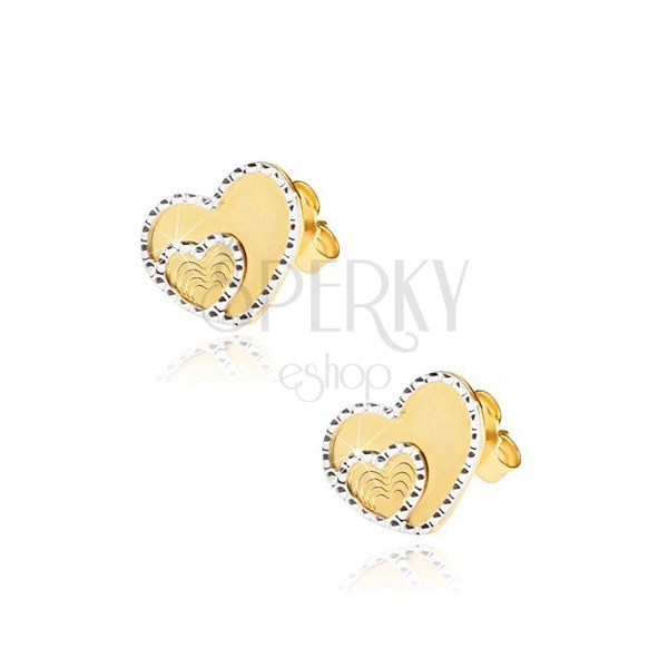 Cercei din aur cu șurub - inimi simetrice plate, contur gravat