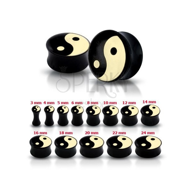 Plug pentru ureche, negru, lucios, cu simbolul Yin-Yang