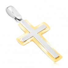 Pandantiv din aur 14K - cruce latină în două culori, mată și lucioasă