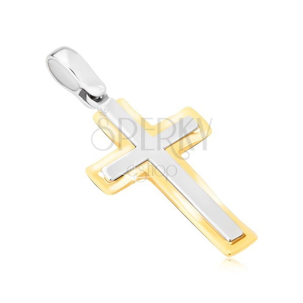 Pandantiv din aur 14K - cruce latină în două culori, mată și lucioasă