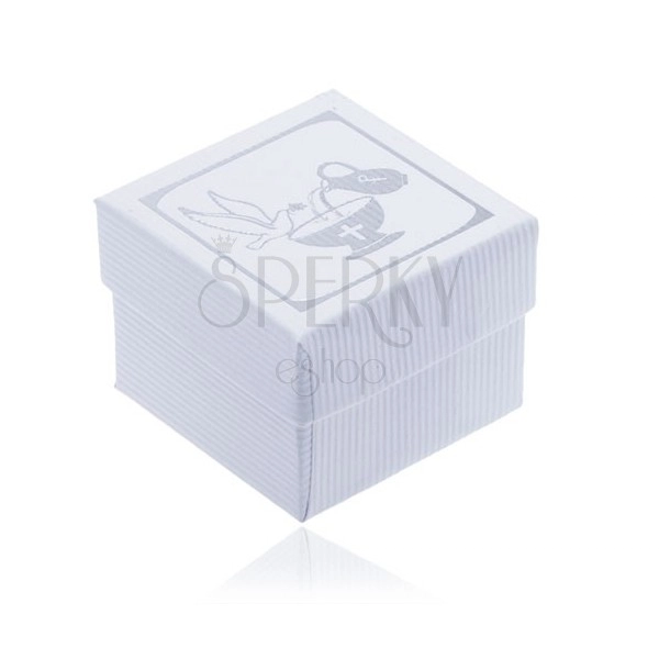 Cutiuță de cadou albă cu striații pentru cercei - porumbel argintiu, pocal și ulcior