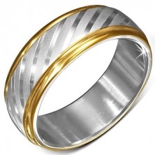 Inel din oțel cu margini aurii și dungi diagonale satinate