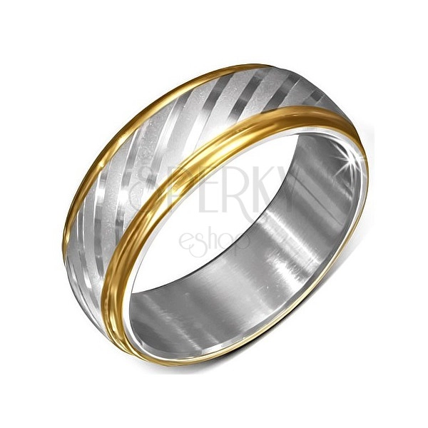 Inel din oțel cu margini aurii și dungi diagonale satinate