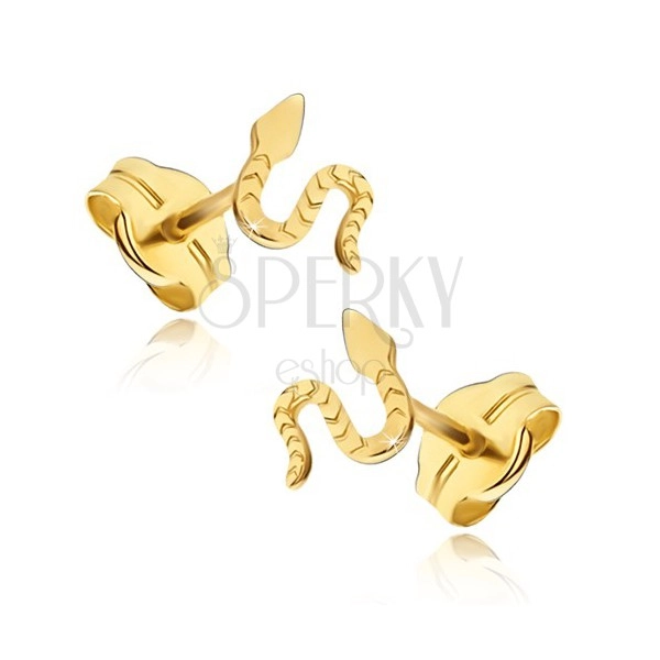Cercei din aur galben 14K - șarpe lucios, suprafață canelată