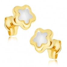 Cercei lucioși din aur 14K -floare în două culori cu cinci petale