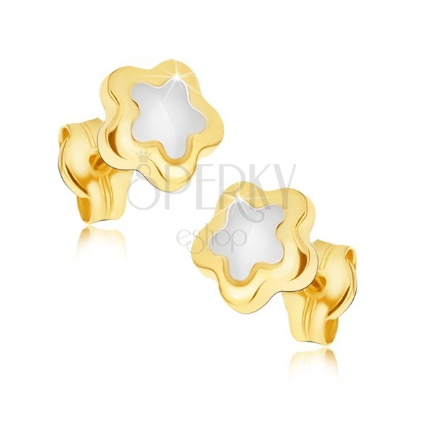 Cercei lucioși din aur 14K -floare în două culori cu cinci petale