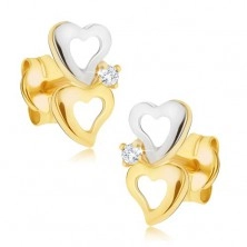 Cercei din aur în două culori - contururi inimi regulate, zirconiu mic