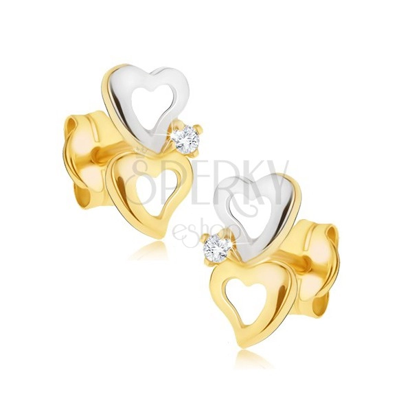 Cercei din aur în două culori - contururi inimi regulate, zirconiu mic