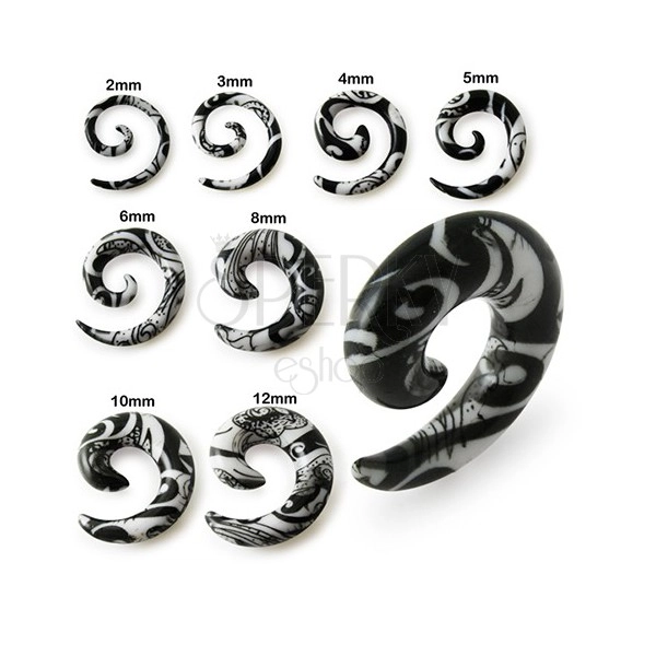 Expander spirală pentru ureche, alb cu ornamente negre