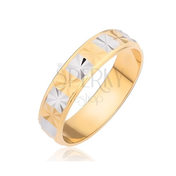 Inel lucios - auriu cu dreptunghiuri argintii cu tăietură de diamant