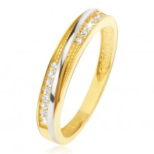 Inel din aur galben 14K - crestături triunghiulare decorative, zirconii