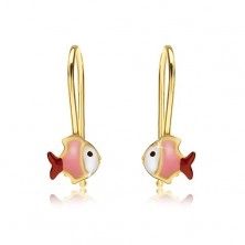 Cercei din aur, pește alb cu roz și roșu, smalț lucios