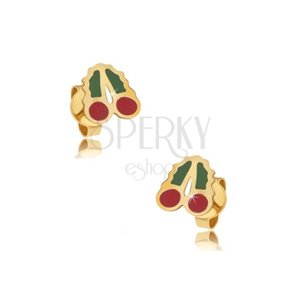 Cercei din aur cu șurub - cireșe cu smalț verde și roșu