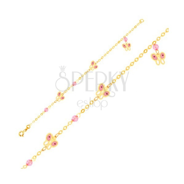 Brățară din aur - fluturi roz cu alb și bile din sticlă, lanț