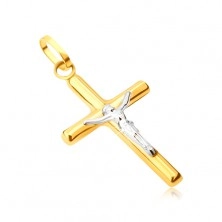 Pandantiv din aur 14K - cruce latină lucioasă, Cristos crucificat din aur alb