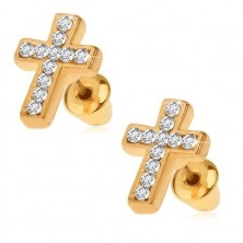 Cercei aurii, cruce latină cu ştrasuri transparente