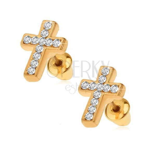 Cercei aurii, cruce latină cu ştrasuri transparente
