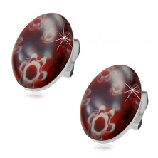 Cercei din oțel chirurgical - oval roșu-închis cu flori albe, șuruburi