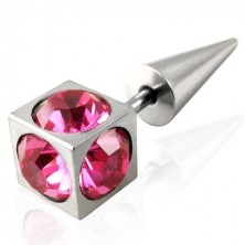 Plug fals într-o culoare argintie - un cub cu zirconii rotunde roz, vârf scurt