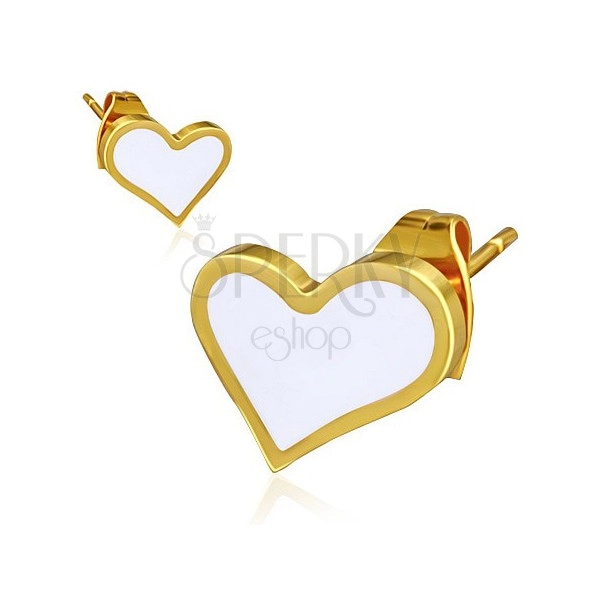Cercei aurii din oţel - inimă albă, asimetrică