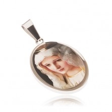 Medalion oval din oţel, imaginea Fecioarei fixată sub email