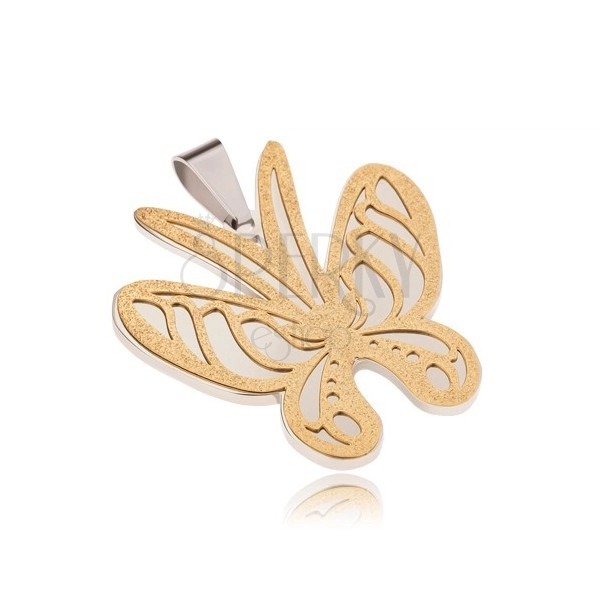 Pandantiv din oţel auriu şi argintiu, fluture cu suprafaţă sablată