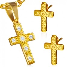 Set auriu din oțel - pandantiv și cercei, cruce, ștrasuri transparente