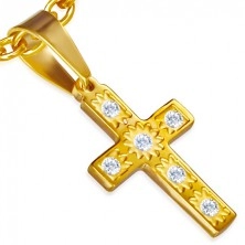 Set auriu din oțel - pandantiv și cercei, cruce, ștrasuri transparente