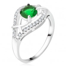 Inel din argint - ştras rotund, verde, braţe cu zirconiu