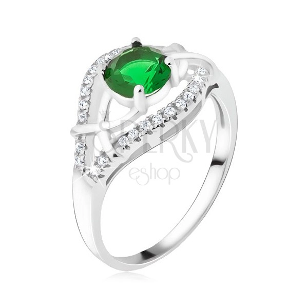 Inel din argint - ştras rotund, verde, braţe cu zirconiu