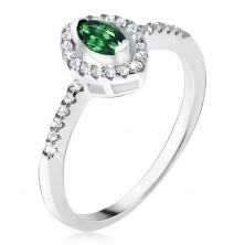 Inel argint - ştras verde, în formă eliptică, contur din zirconiu