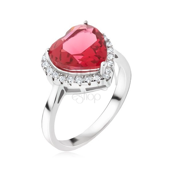 Inel argint - ştras mare, roşu, în formă de inimă, contur din zirconiu