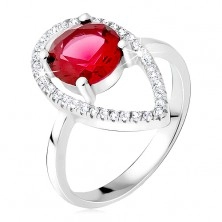 Inel argint - ştras rotund, roşu, contur în formă de lacrimă, încrustat cu zirconiu