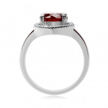Inel argint - ştras rotund, roşu, contur în formă de lacrimă, încrustat cu zirconiu