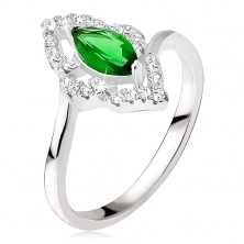 Inel argint - ştras verde, eliptic, contur din zirconiu