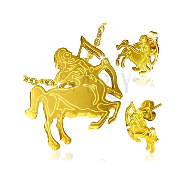 Set auriu din oțel, cercei și pandantiv, semnul zodiacal Săgetător
