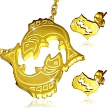 Set auriu din oțel - pandantiv și cercei, semn zodiacal Pești