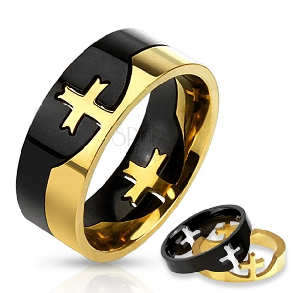 Inel negru și auriu din oțel inoxidabil cu o cruce