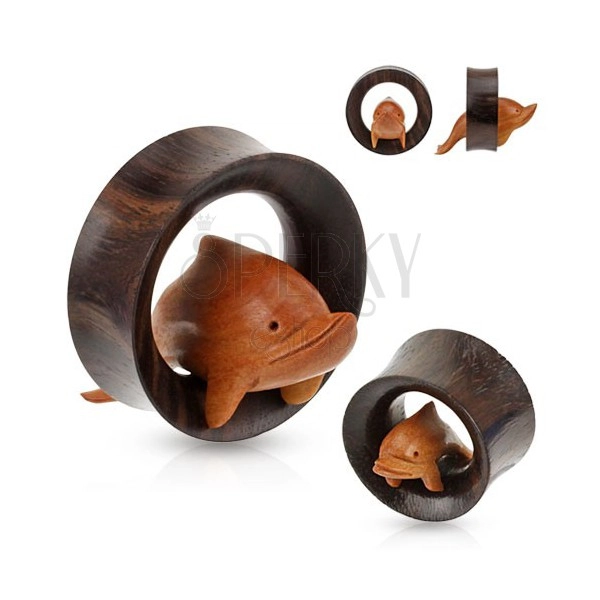 Tunel pentru ureche din lemn maro, delfin sărind printr-un cerc
