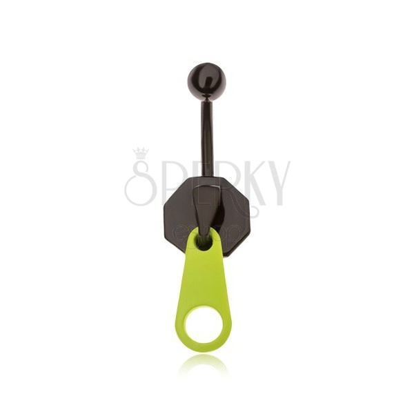 Piercing pentru buric realizat din oțel, fermoar negru cu cheiță verde neon
