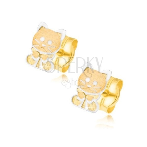 Cercei din aur 585 - două pisicuțe cu fundă