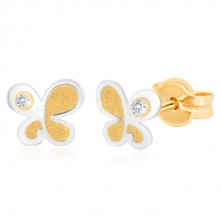 Cercei din aur de 14K - fluture în două culori cu zirconiu rotund transparent