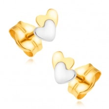 Cercei din aur 585 - combinație de galben cu alb, inimi suprapuse