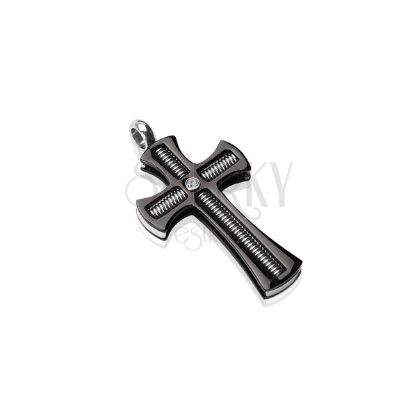 Pandantiv din oțel chirurgical - cruce neagră cu șuruburi filetate și zirconiu transparent