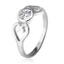 Inel argint veritabil, contur de inimă, zirconiu rotund, transparent, în montură decorativă